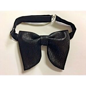 Handmade Oversized Black Faux Leather Bow‎ tie Vintage style 70`s Wedding Prom